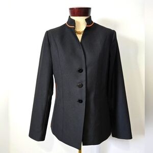 Edward Joseph Black Wool Dress Jacket, Orange Piping On Collar and Sides. Size 8